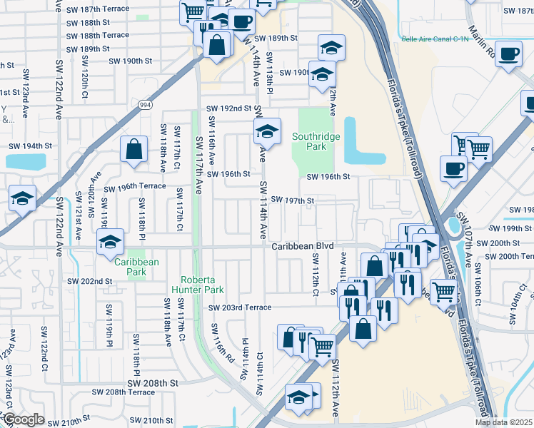 map of restaurants, bars, coffee shops, grocery stores, and more near 19751 Southwest 114th Avenue in Miami
