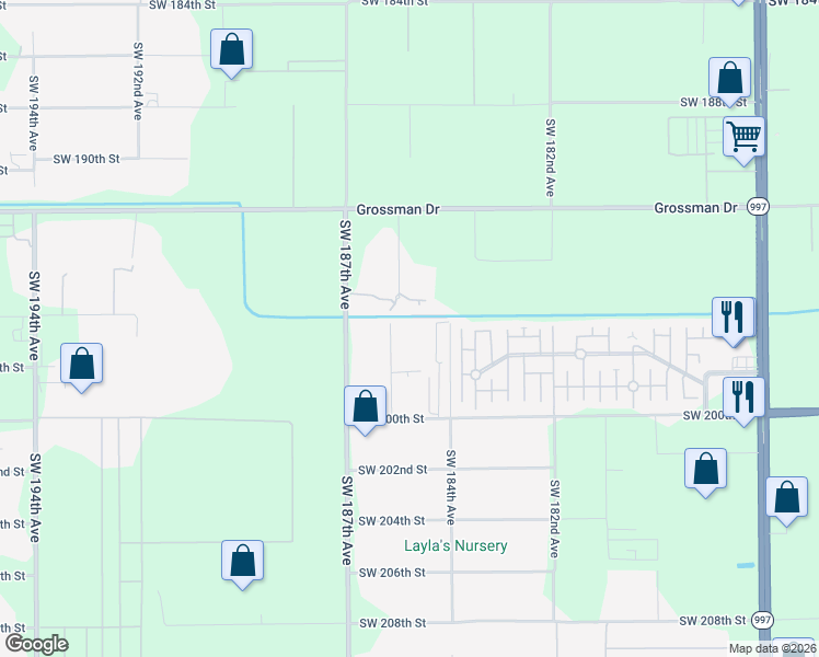 map of restaurants, bars, coffee shops, grocery stores, and more near 19615 Southwest 185th Court in Miami