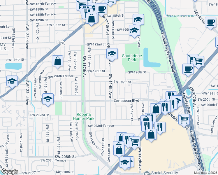 map of restaurants, bars, coffee shops, grocery stores, and more near 19741 Southwest 114th Court in Miami