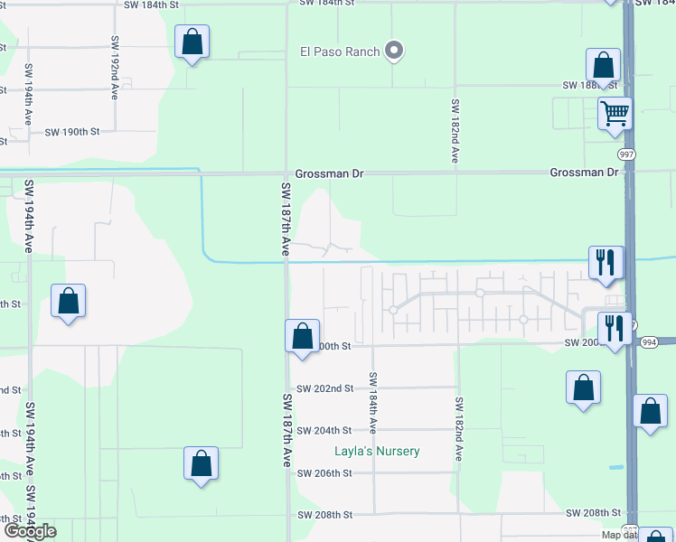 map of restaurants, bars, coffee shops, grocery stores, and more near 19615 Southwest 185th Court in Miami