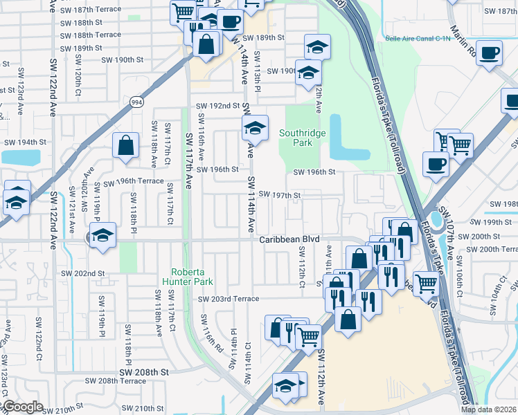 map of restaurants, bars, coffee shops, grocery stores, and more near 19751 Southwest 114th Avenue in Miami