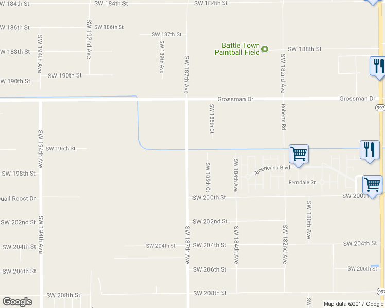 map of restaurants, bars, coffee shops, grocery stores, and more near 19601 Southwest 187th Avenue in Miami