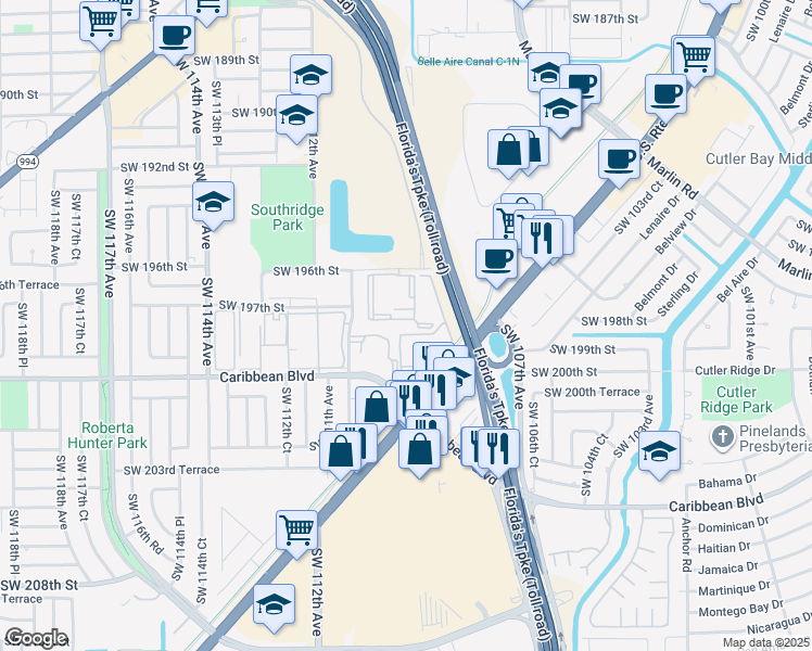 map of restaurants, bars, coffee shops, grocery stores, and more near 11060 Southwest 196th Street in Miami