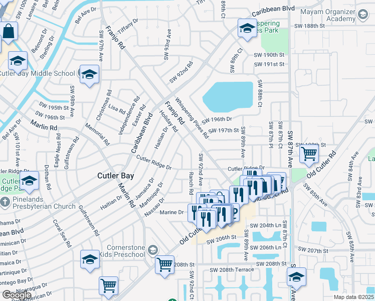 map of restaurants, bars, coffee shops, grocery stores, and more near 19831 Holiday Road in Cutler Bay