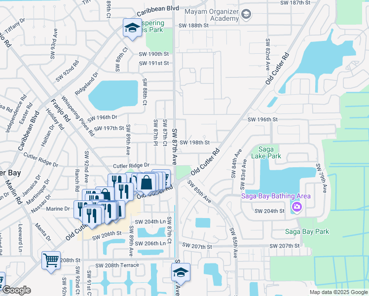 map of restaurants, bars, coffee shops, grocery stores, and more near 8601 Southwest 199th Street in Cutler Bay
