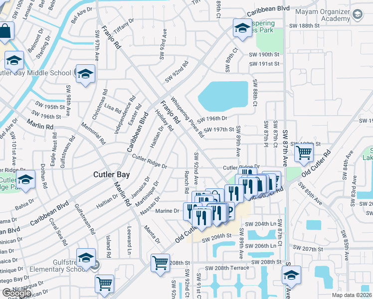 map of restaurants, bars, coffee shops, grocery stores, and more near 19831 Holiday Road in Cutler Bay