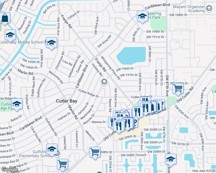 map of restaurants, bars, coffee shops, grocery stores, and more near 19831 Holiday Road in Cutler Bay