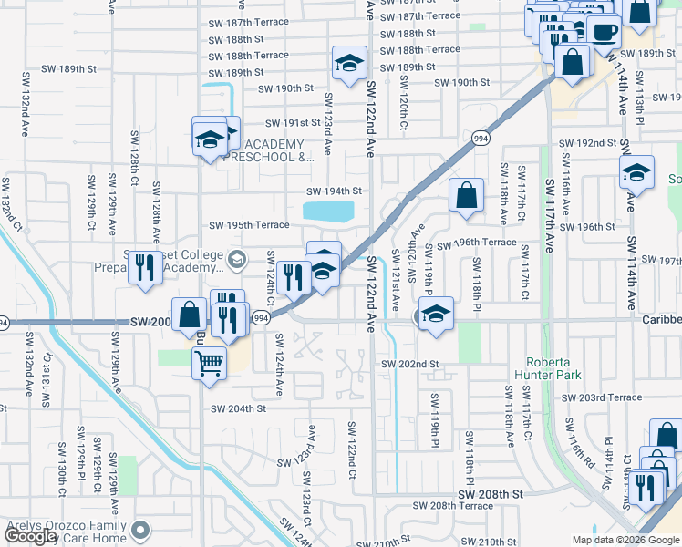 map of restaurants, bars, coffee shops, grocery stores, and more near 12300 Quail Roost Drive in Miami