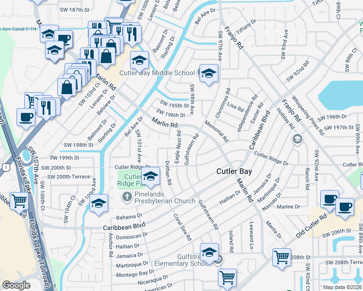 map of restaurants, bars, coffee shops, grocery stores, and more near 19800 Eagle Nest Road in Cutler Bay