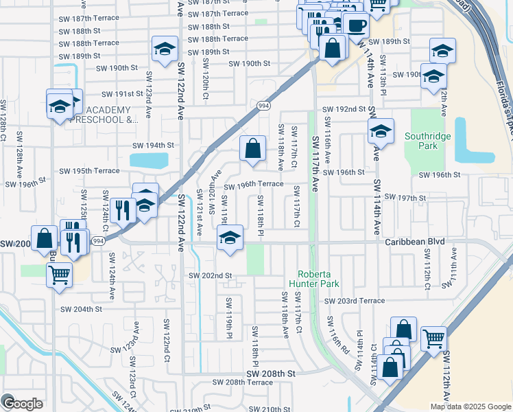 map of restaurants, bars, coffee shops, grocery stores, and more near 19800 Southwest 119th Avenue in Miami