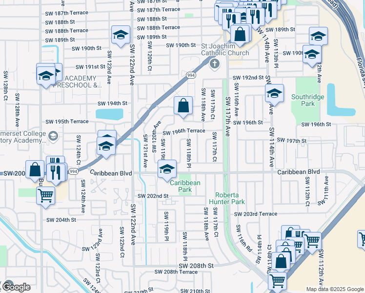 map of restaurants, bars, coffee shops, grocery stores, and more near 19721 Southwest 119th Avenue in Miami