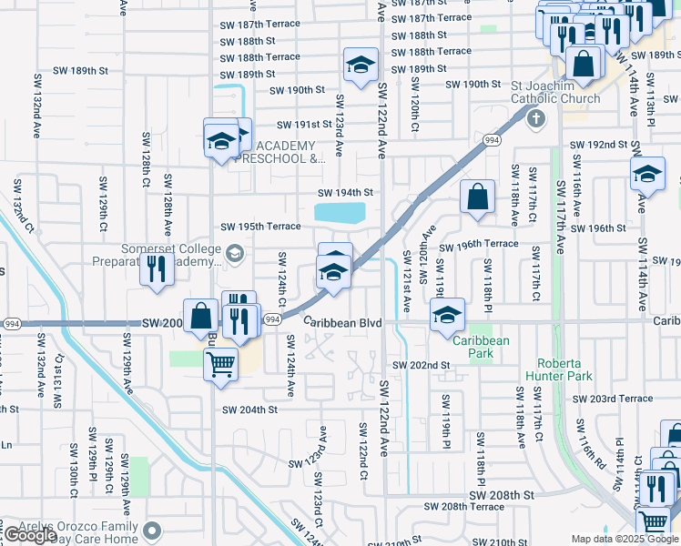 map of restaurants, bars, coffee shops, grocery stores, and more near 12324 Southwest 198th Street in Miami