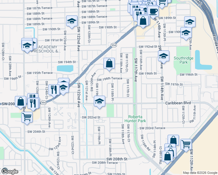 map of restaurants, bars, coffee shops, grocery stores, and more near 19800 Southwest 119th Avenue in Miami