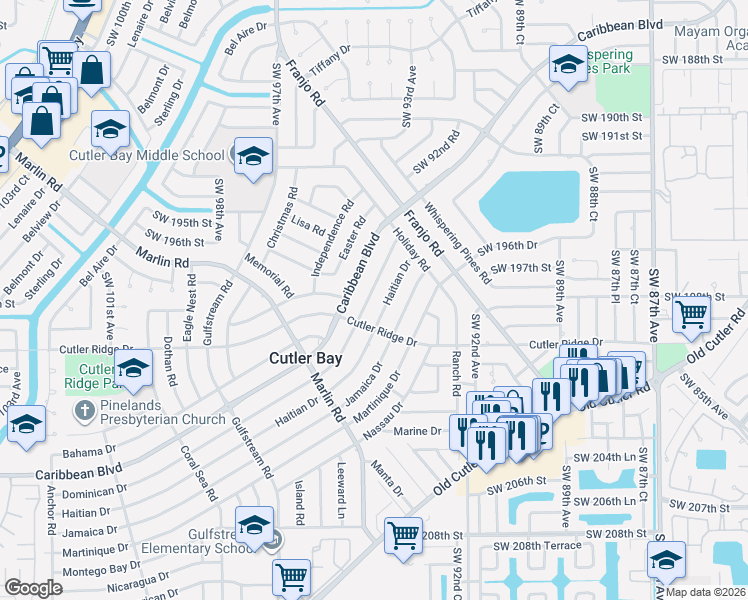 map of restaurants, bars, coffee shops, grocery stores, and more near 9440 Dominican Drive in Cutler Bay