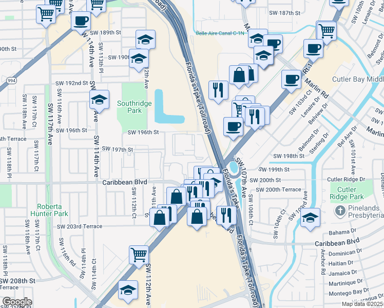 map of restaurants, bars, coffee shops, grocery stores, and more near 11040 Southwest 196th Street in Cutler Bay