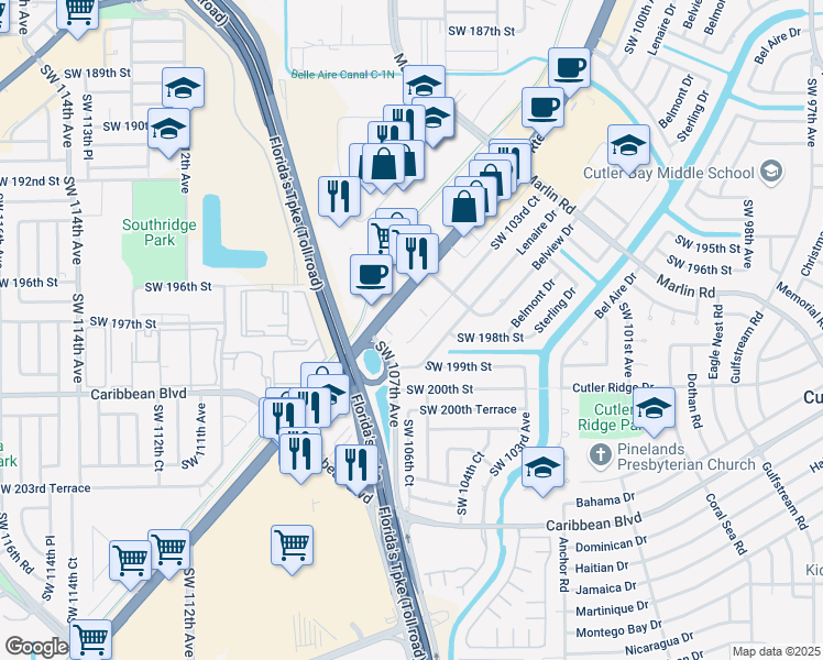 map of restaurants, bars, coffee shops, grocery stores, and more near 19800 Southwest 103rd Court in Cutler Bay