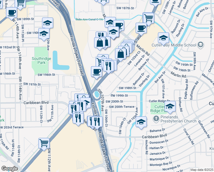 map of restaurants, bars, coffee shops, grocery stores, and more near 19863 Southwest 103rd Court in Cutler Bay