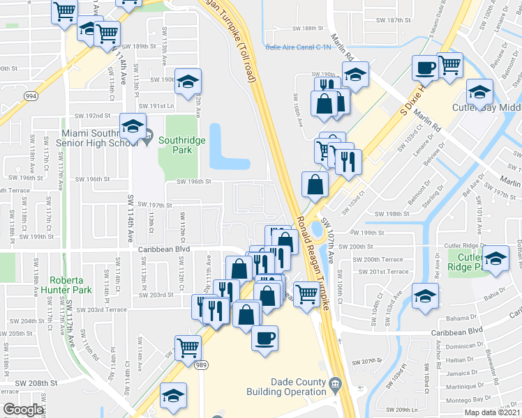 map of restaurants, bars, coffee shops, grocery stores, and more near 11060 Southwest 196th Street in Miami