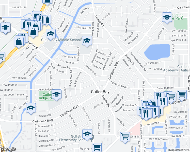 map of restaurants, bars, coffee shops, grocery stores, and more near 9610 Memorial Drive in Cutler Bay