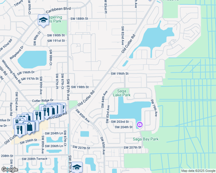 map of restaurants, bars, coffee shops, grocery stores, and more near 19660 Cutler Court in Cutler Bay