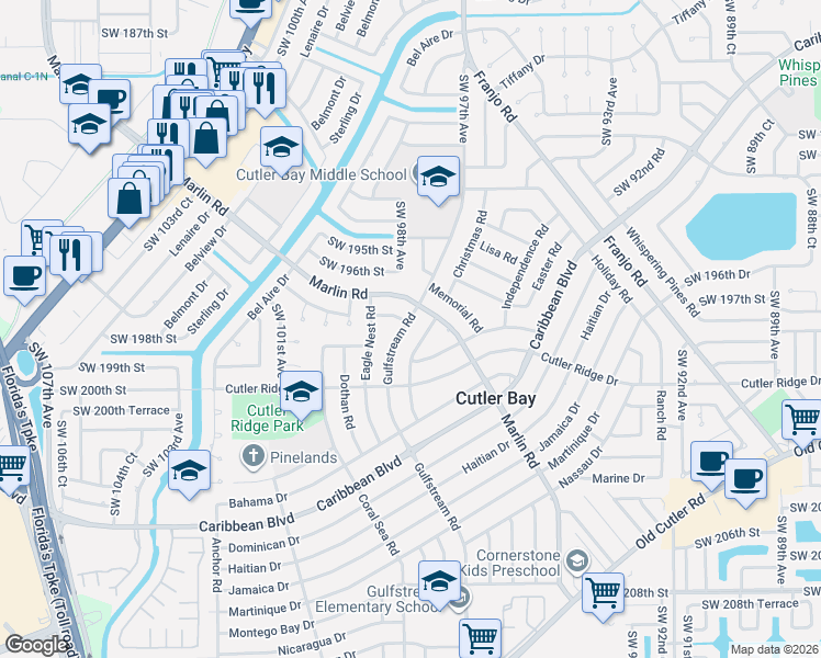 map of restaurants, bars, coffee shops, grocery stores, and more near 9815 Southwest 197th Street in Cutler Bay
