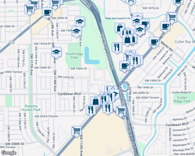 map of restaurants, bars, coffee shops, grocery stores, and more near 11020 Southwest 196th Street in Miami