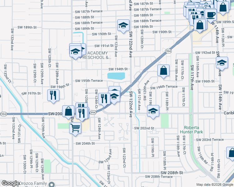 map of restaurants, bars, coffee shops, grocery stores, and more near 12301 Southwest 198th Street in Miami