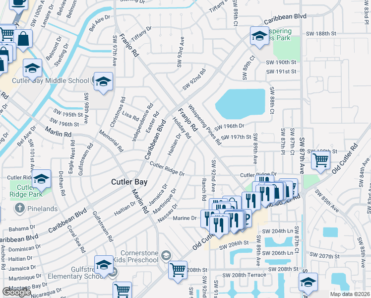 map of restaurants, bars, coffee shops, grocery stores, and more near 9280 Jamaica Drive in Cutler Bay