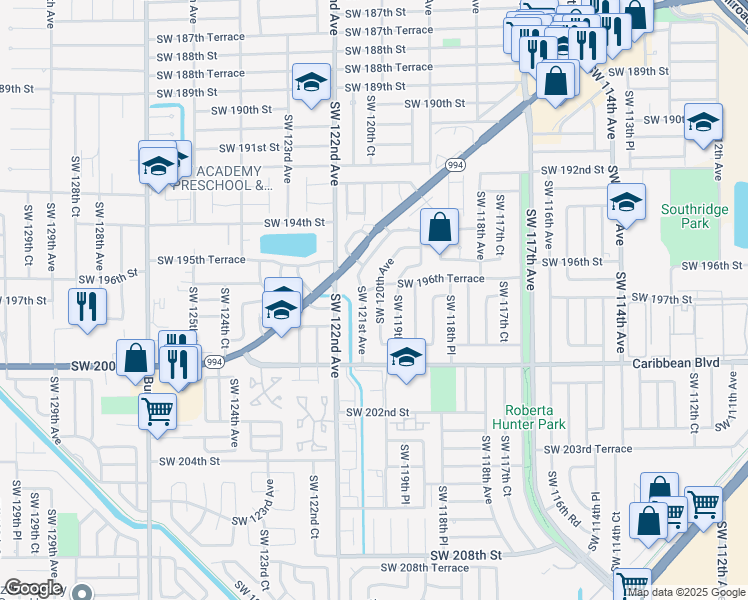 map of restaurants, bars, coffee shops, grocery stores, and more near 19630 Southwest 121st Avenue in Miami