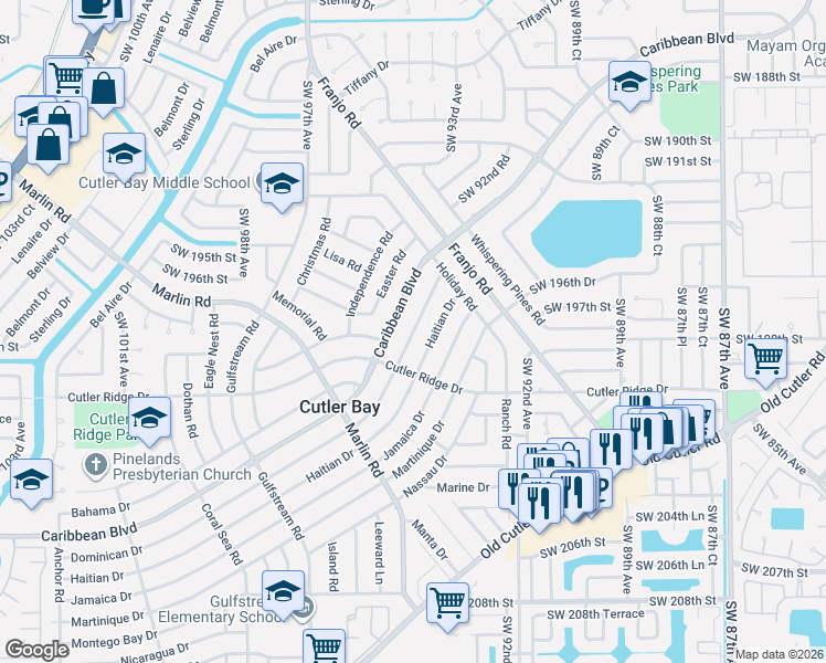 map of restaurants, bars, coffee shops, grocery stores, and more near 9440 Caribbean Boulevard in Cutler Bay
