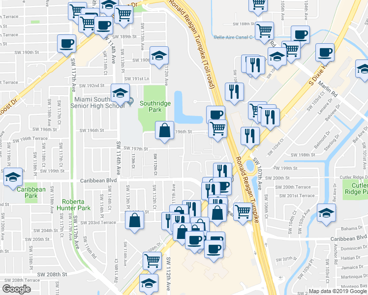 map of restaurants, bars, coffee shops, grocery stores, and more near 9031 Southwest 197th Street in Miami