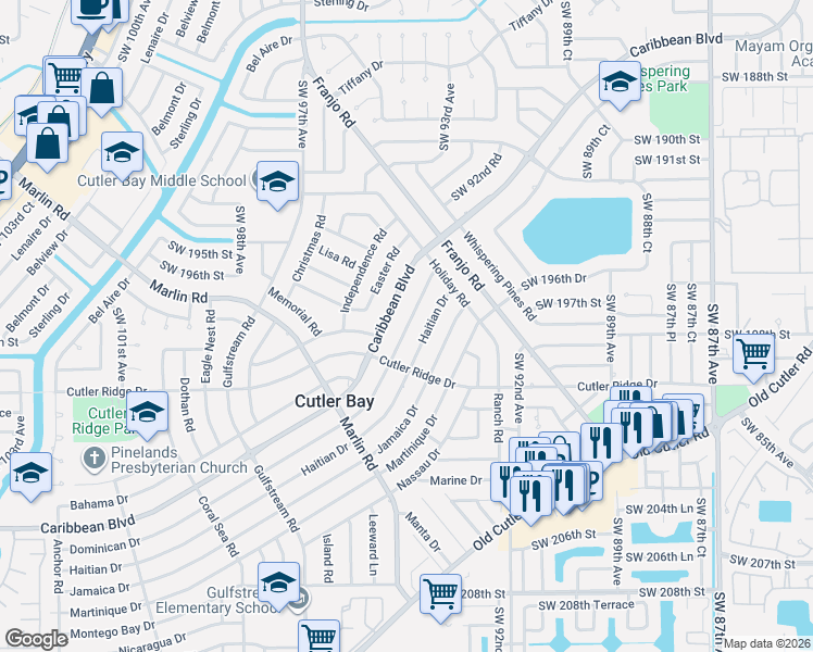 map of restaurants, bars, coffee shops, grocery stores, and more near 9440 Caribbean Boulevard in Cutler Bay