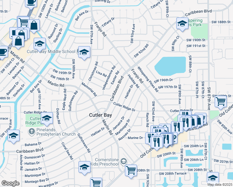 map of restaurants, bars, coffee shops, grocery stores, and more near 9440 Caribbean Boulevard in Cutler Bay