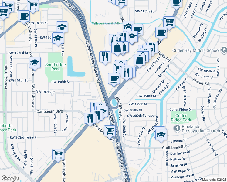 map of restaurants, bars, coffee shops, grocery stores, and more near 19800 South Dixie Highway in Cutler Bay