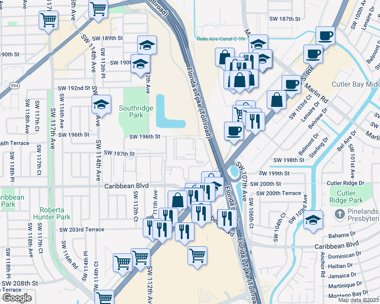 map of restaurants, bars, coffee shops, grocery stores, and more near 11040 Southwest 196th Street in Miami