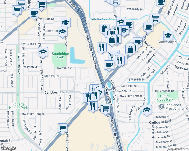 map of restaurants, bars, coffee shops, grocery stores, and more near 19800 South Dixie Highway in Cutler Bay