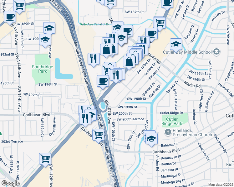 map of restaurants, bars, coffee shops, grocery stores, and more near 19825 South Dixie Highway in Miami