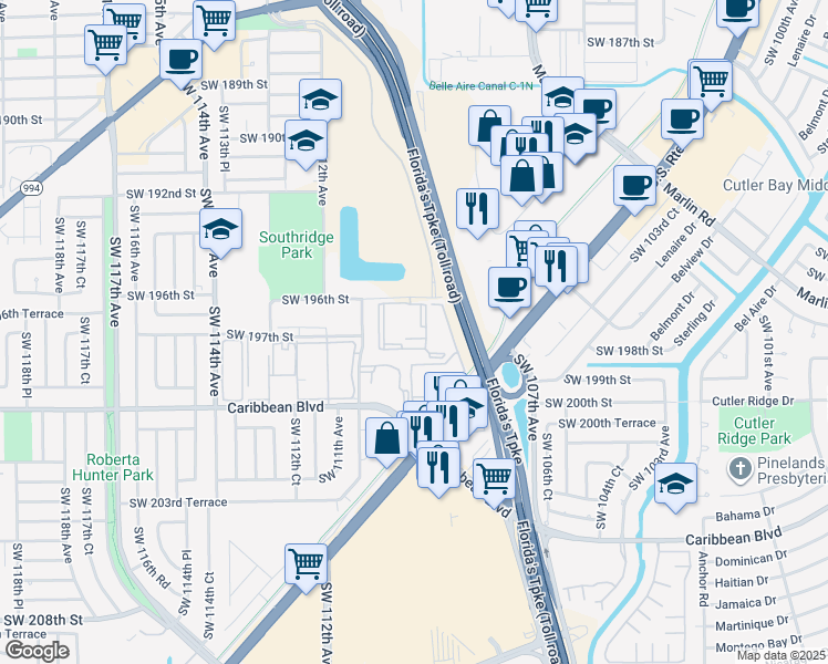 map of restaurants, bars, coffee shops, grocery stores, and more near 11040 Southwest 196th Street in Miami