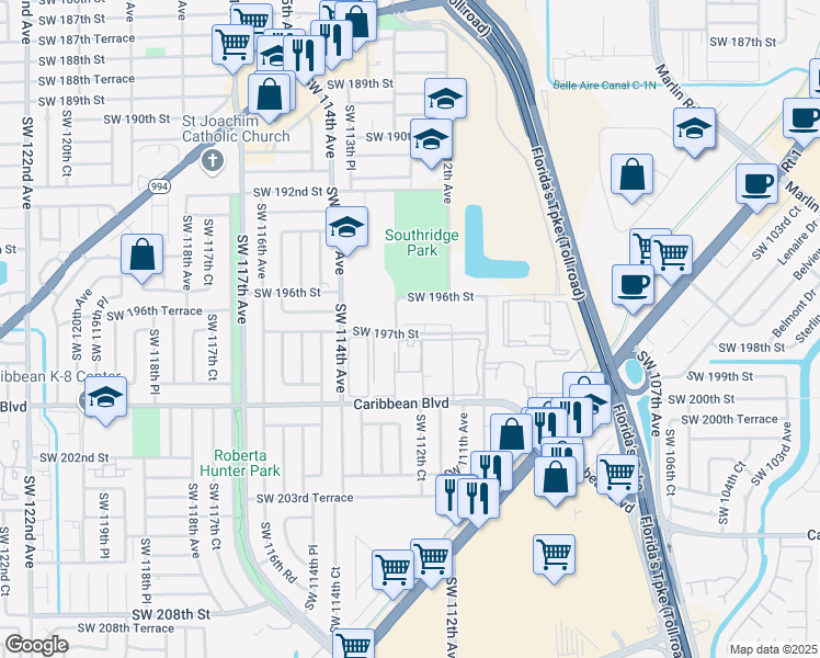 map of restaurants, bars, coffee shops, grocery stores, and more near 11280 Southwest 196th Street in Miami