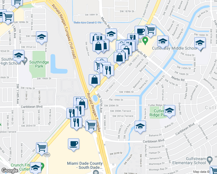 map of restaurants, bars, coffee shops, grocery stores, and more near 19760 Southwest 103rd Court in Miami