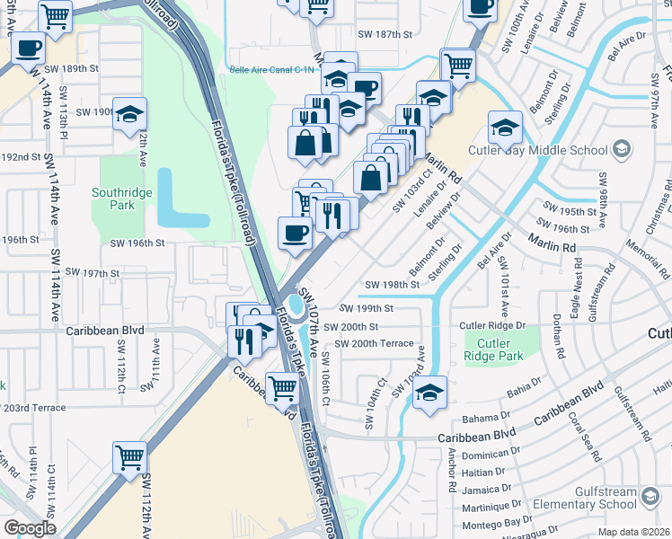 map of restaurants, bars, coffee shops, grocery stores, and more near 19825 South Dixie Highway in Miami