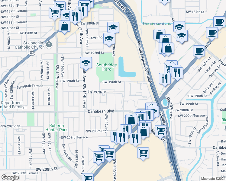 map of restaurants, bars, coffee shops, grocery stores, and more near 11101 Southwest 197th Street in Cutler Bay