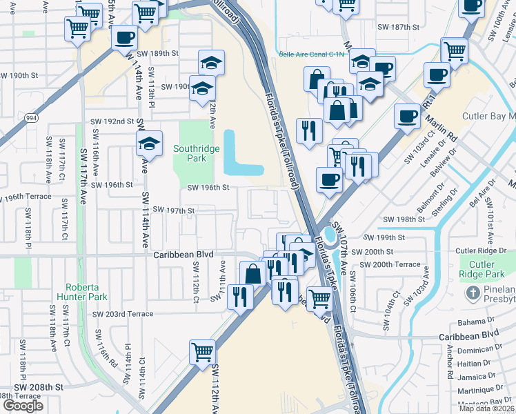 map of restaurants, bars, coffee shops, grocery stores, and more near 11020 Southwest 196th Street in Miami