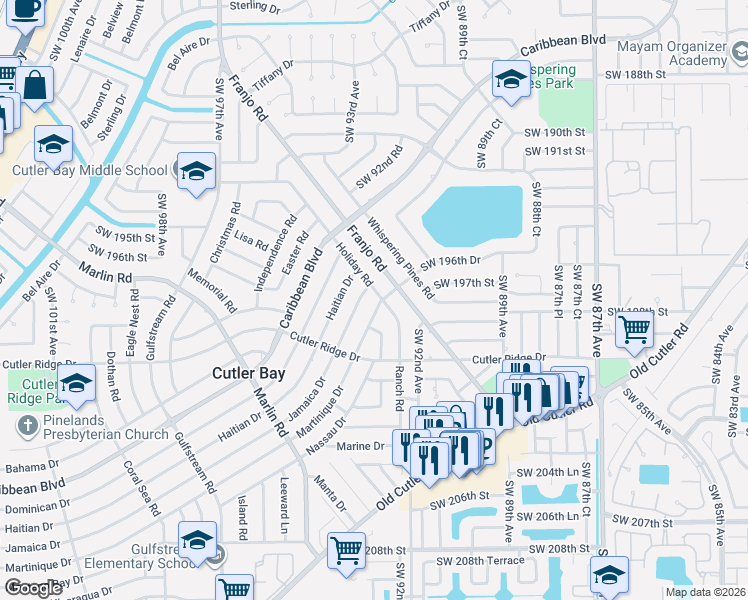 map of restaurants, bars, coffee shops, grocery stores, and more near 9280 Jamaica Drive in Cutler Bay