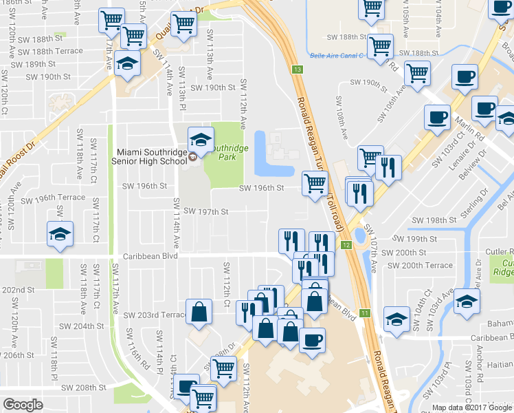 map of restaurants, bars, coffee shops, grocery stores, and more near 11100 Southwest 196th Street in Cutler Bay