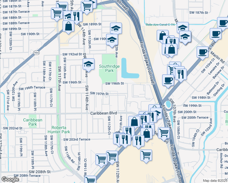 map of restaurants, bars, coffee shops, grocery stores, and more near 11101 Southwest 197th Street in Cutler Bay