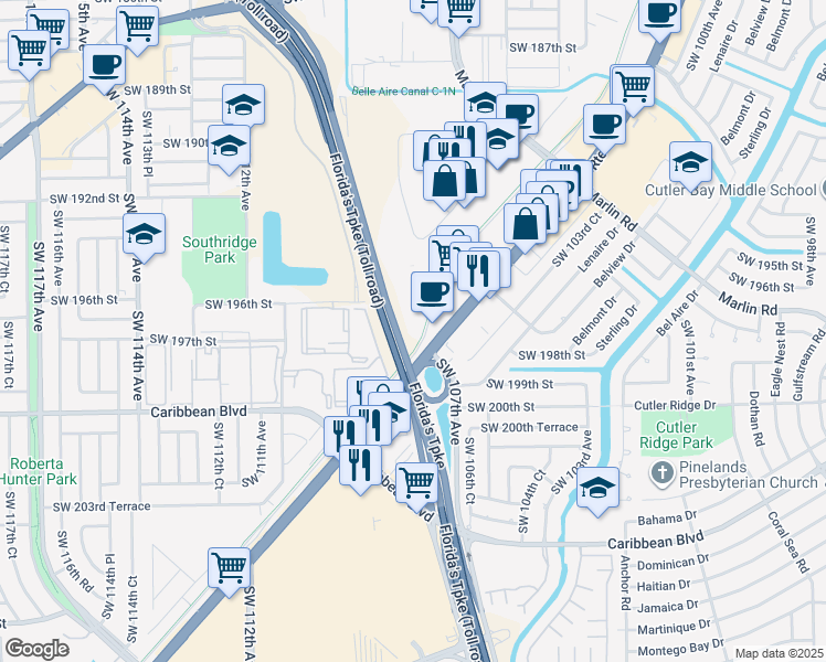 map of restaurants, bars, coffee shops, grocery stores, and more near 19800 South Dixie Highway in Cutler Bay