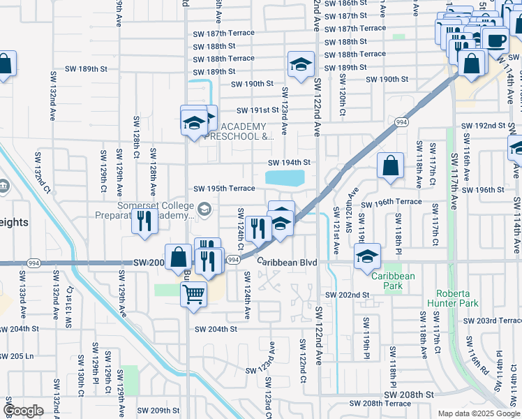 map of restaurants, bars, coffee shops, grocery stores, and more near 12356 Southwest 196th Terrace in Miami