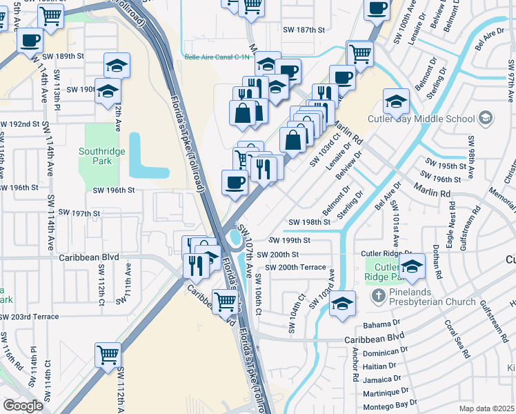 map of restaurants, bars, coffee shops, grocery stores, and more near 19825 South Dixie Highway in Miami