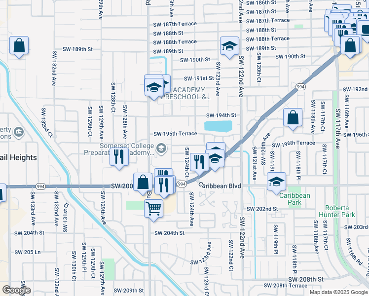 map of restaurants, bars, coffee shops, grocery stores, and more near 12432 Southwest 196th Terrace in Miami